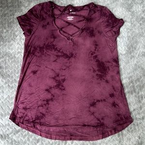 American Eagle Maroon size S soft and sexy tee w lace up detail at chest,